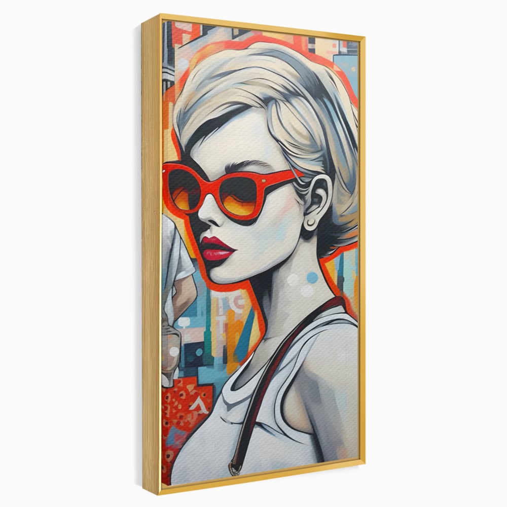 Tablou canvas cu tablou canvas cu portret stilizat de femeie, in rama de aluminiu auriu